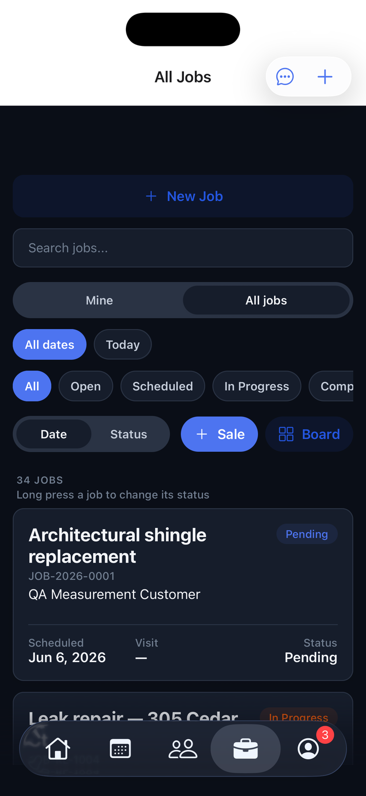Jobs list with filters and statuses